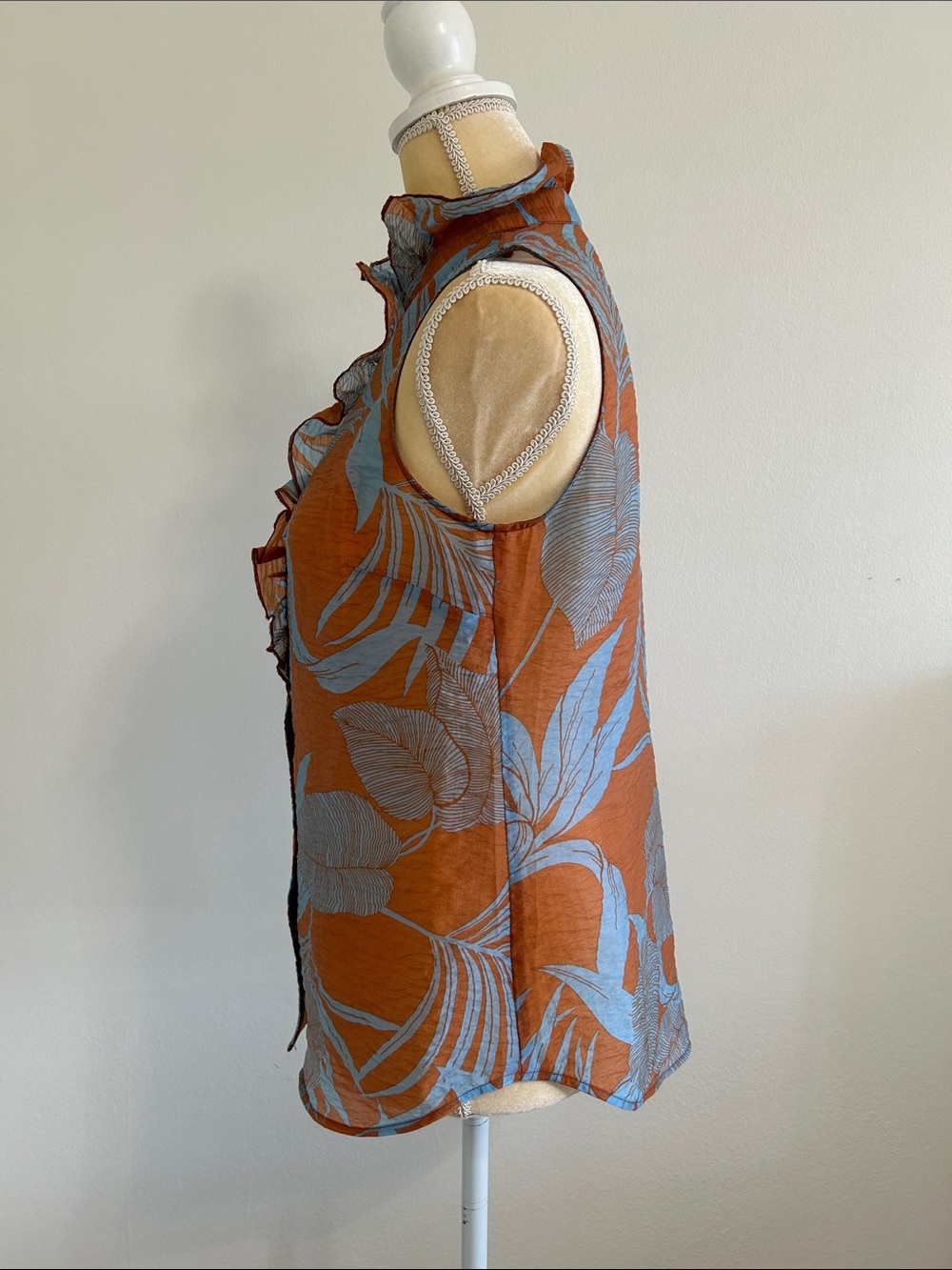 CAbi Rust & Sky Blue Ruffled Mock-Neck Botanical Shell - Picture 3 of 8